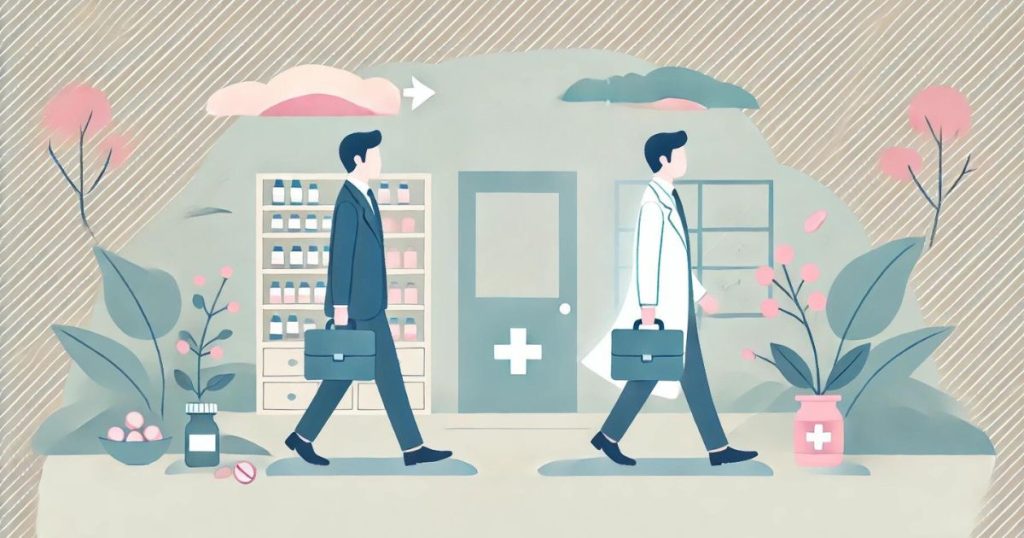 スーツを着て歩いている薬剤師の男性と白衣を着て歩いている薬剤師の男性