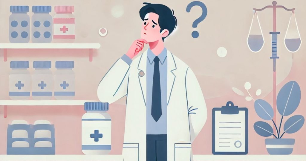 考え事をする薬剤師の男性