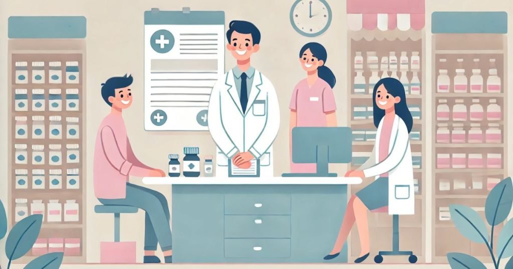 スタッフと楽しく仕事をしている薬剤師の男性