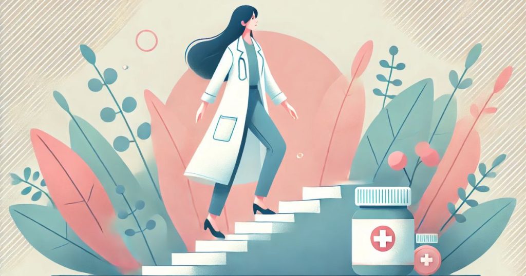 階段を上っていく薬剤師の女性