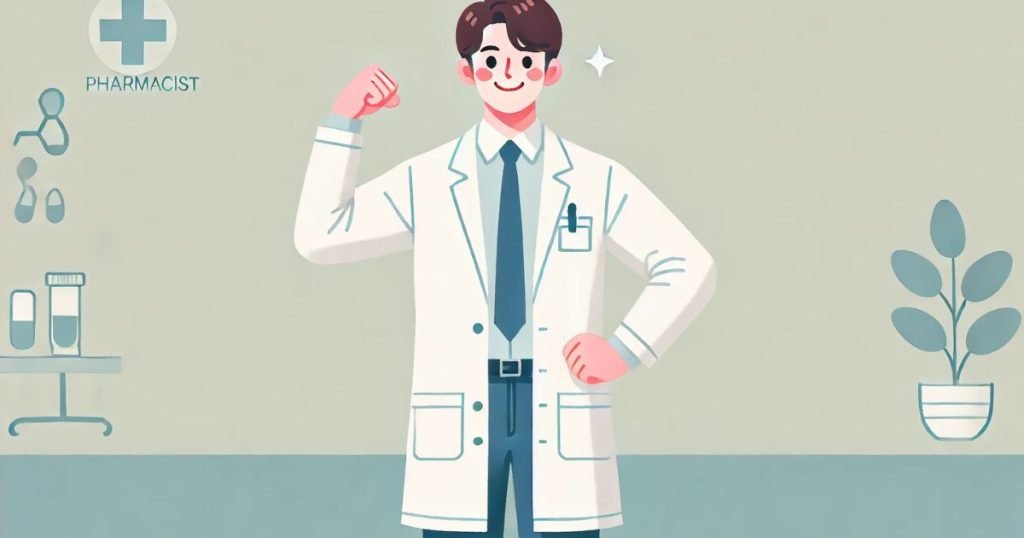 ガッツポーズをする薬剤師の男性