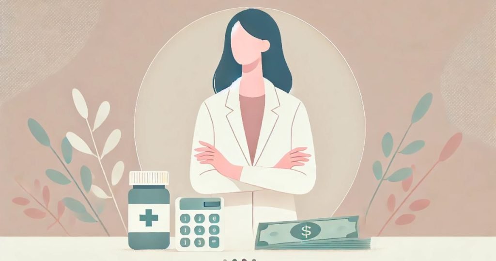 腕を組んで考え事をする薬剤師の女性