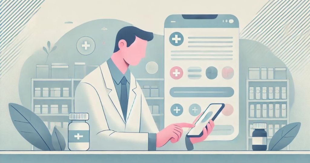 スマートフォンでリサーチする薬剤師の男性