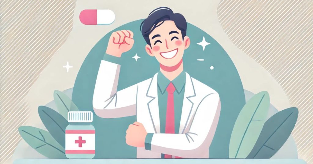 笑顔でガッツポーズをする薬剤師の男性