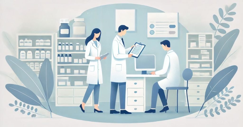 データ入力する薬剤師の男性と確認作業をする薬剤師の男性1人と女性1人