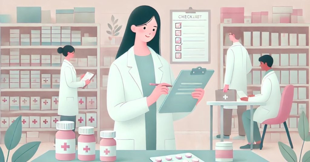 チェックリストを用いて医薬品の在庫管理をする薬剤師の女性2人と男性2人