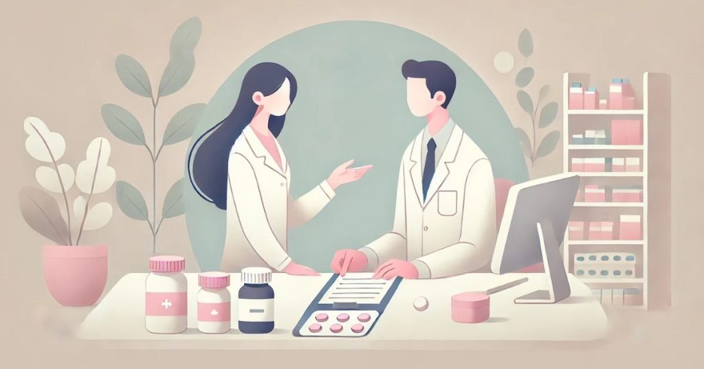 引継ぎ業務を行う薬剤師の女性と男性