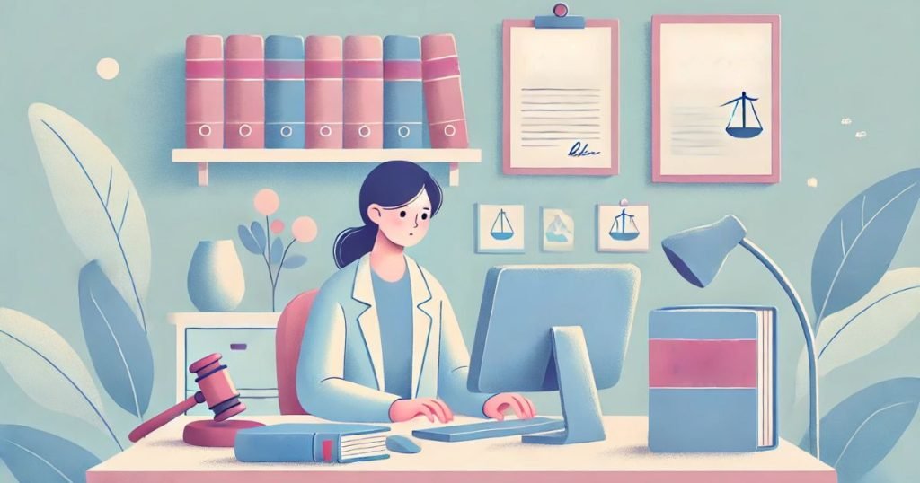 労働に関する法律を調べる薬剤師の女性