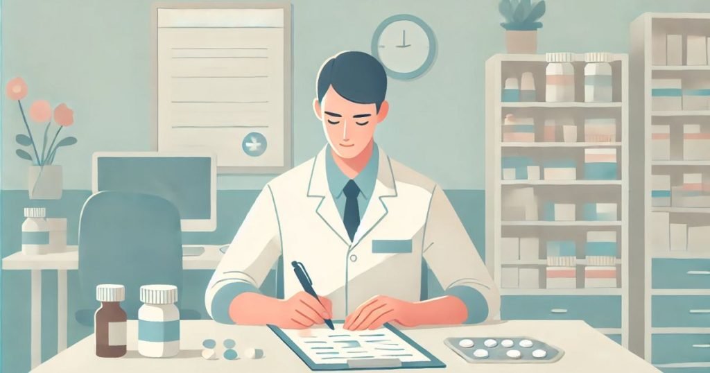 仕事の引継ぎリストを作成する薬剤師の男性