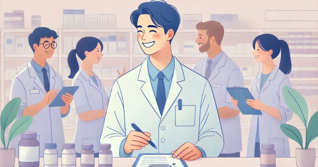 医薬品の棚卸をする薬剤師の男性3人と薬剤師の女性2人