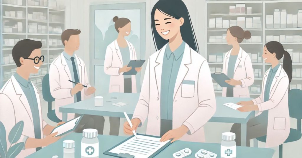 男性2人女性3人のスタッフと働く薬剤師の女性
