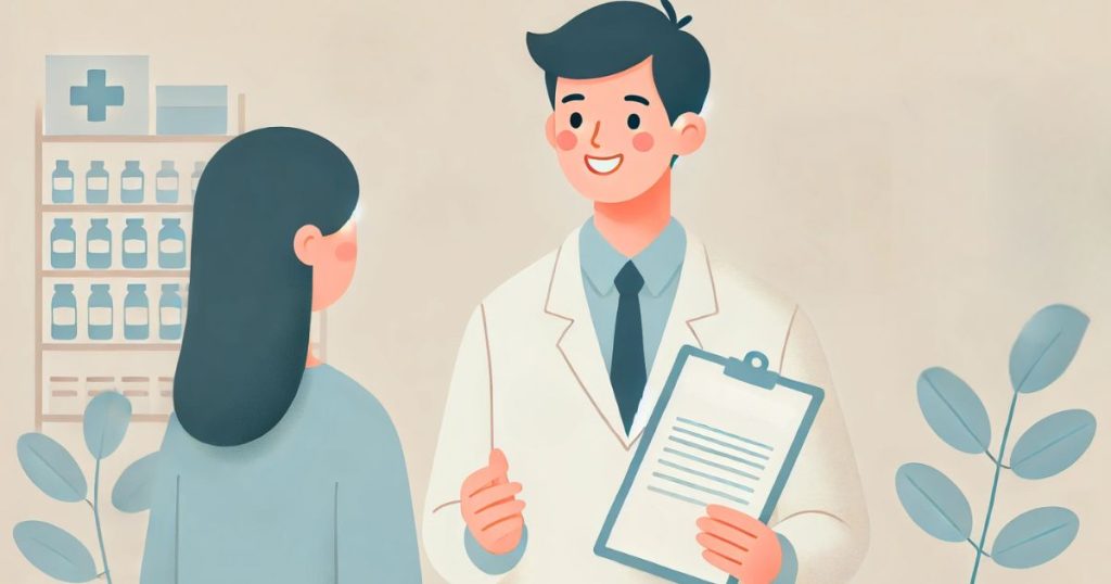 スタッフの女性と面談する薬剤師の男性